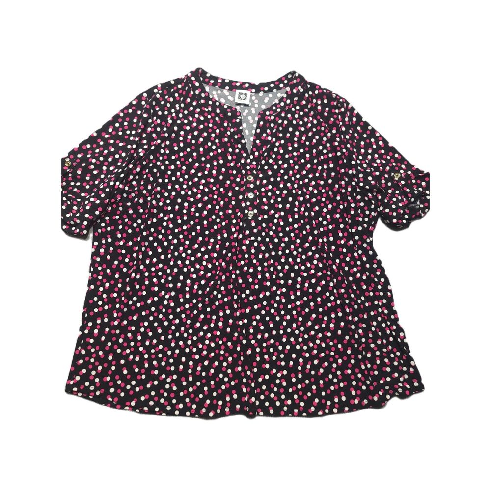 Anne Klein Polka Dot Blouse Womens XL Stretch V-Neck Roll Sleeve Top